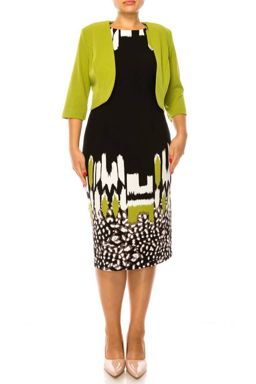 NEW MAYA BROOKE abstract print cropped jacket dress in kiwi black